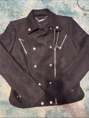 White House Black Market Black Suede Moto Jacket with Silver Hardware